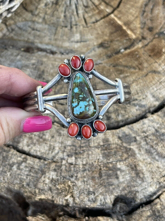 Handcrafted Sterling Kingman Web Turquoise & Red Coral Taos Bracelet Cuff by Bobby Johnson /