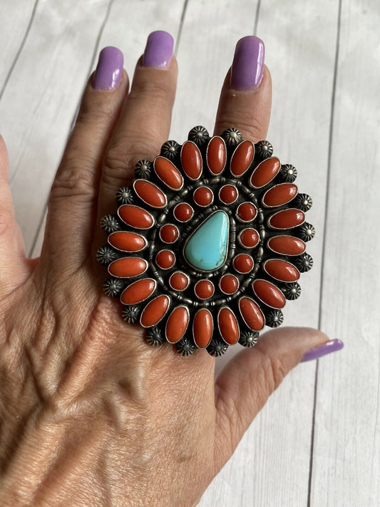 Shawn Cayatenito Sterling Silver Turquoise & Coral Statement Ring Size 8 Signed
