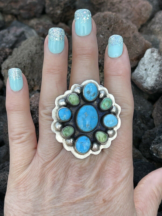 Handcrafted Sterling Sonoran Gold And Golden Hills Turquoise Cluster Ring Size 8.5