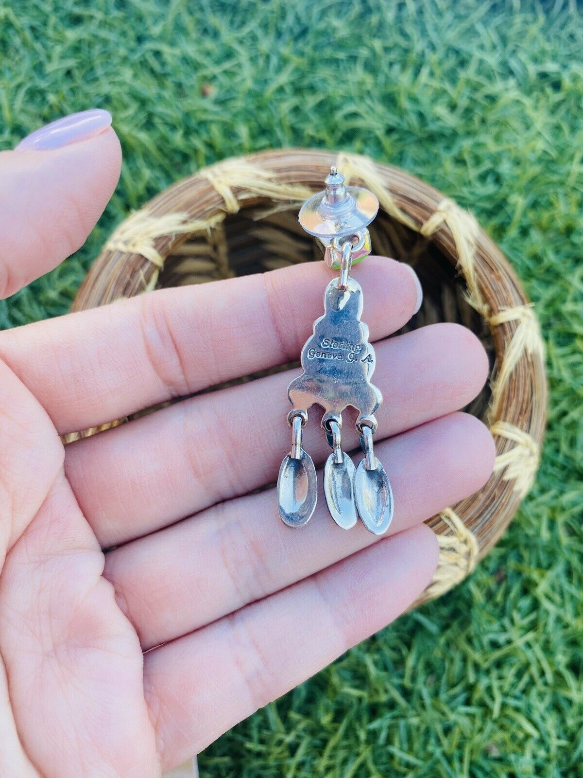 Navajo Sterling Silver & Gaspeite Dangle Earrings