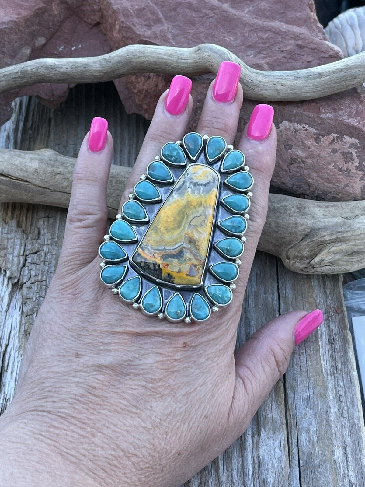 Handcrafted Sterling Bumblebee and Turquoise Stone Ring Sz 8