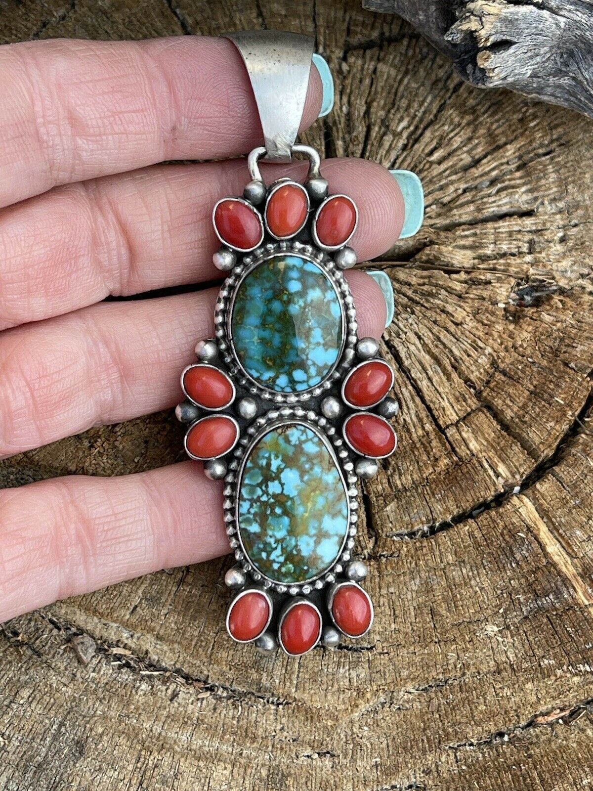 Handcrafted Sterling Kingman Web Turquoise & Red Coral Taos Pendant Bea Tom