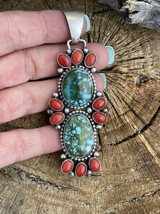 Handcrafted Sterling Kingman Web Turquoise & Red Coral Taos Pendant Bea Tom