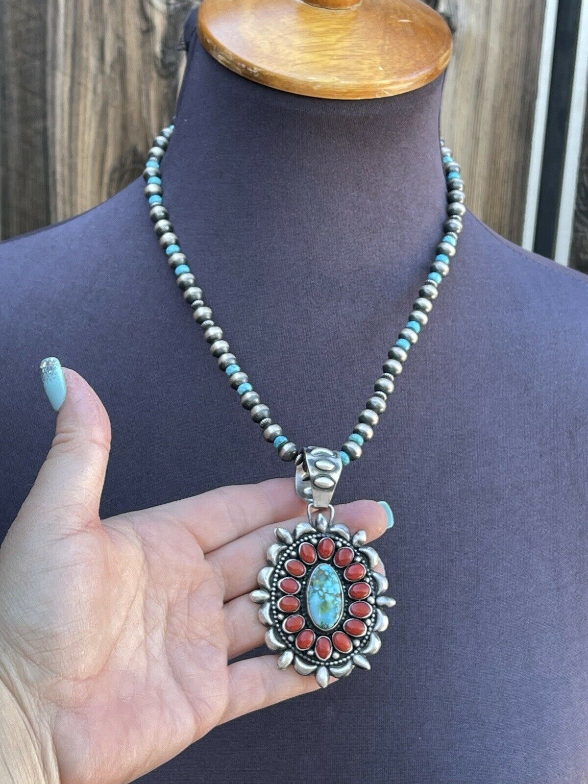 Handcrafted Sterling Kingman Web Turquoise & Red Coral Taos Ornate Pendant D. Clark