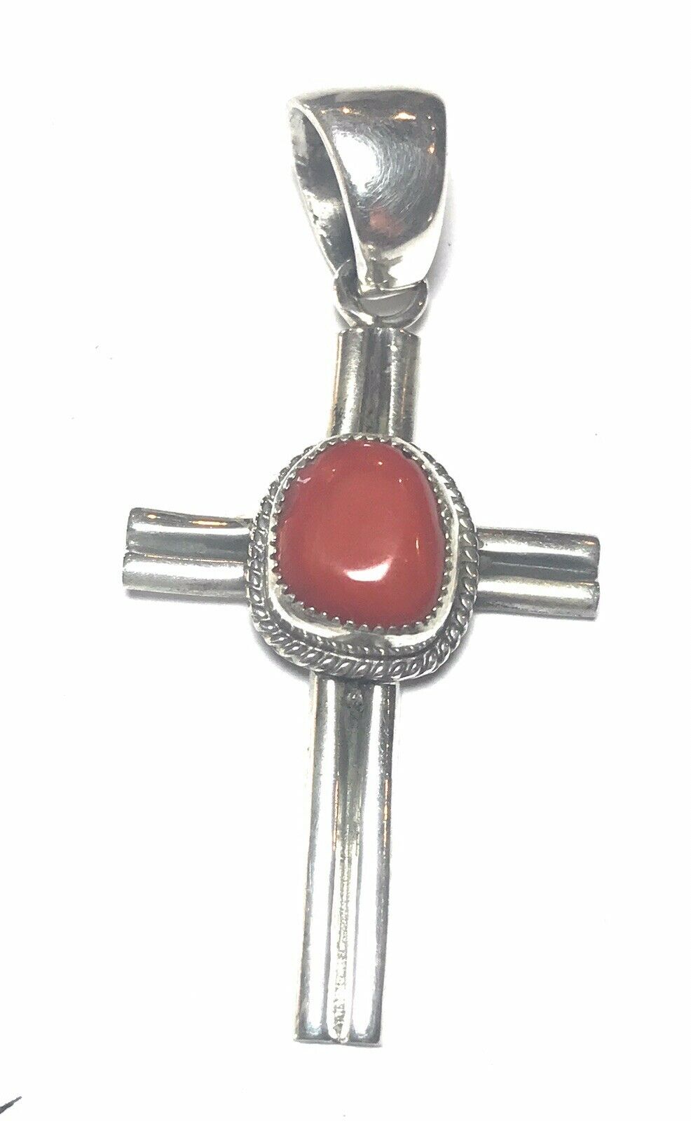 Navajo Sterling Silver Natural Red Coral Statement Cross Pendant Signed