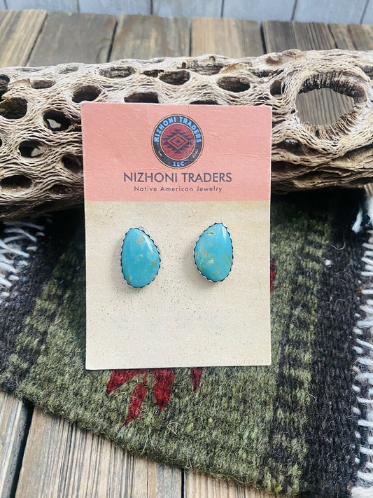 Handcrafted Turquoise & Sterling Silver Post Earrings Signed