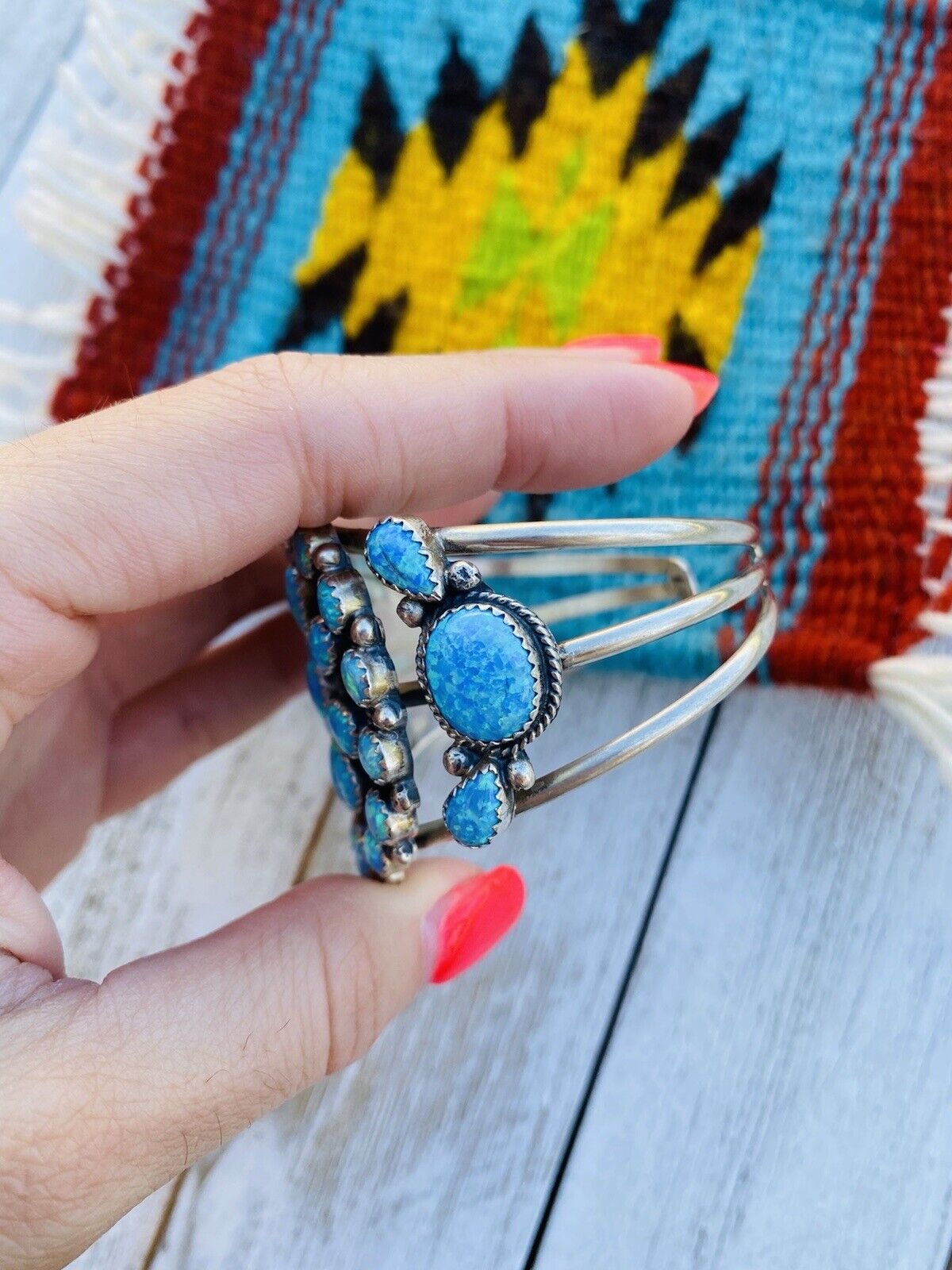 Navajo Blue Opal & Sterling Silver Cluster Bracelet Cuff