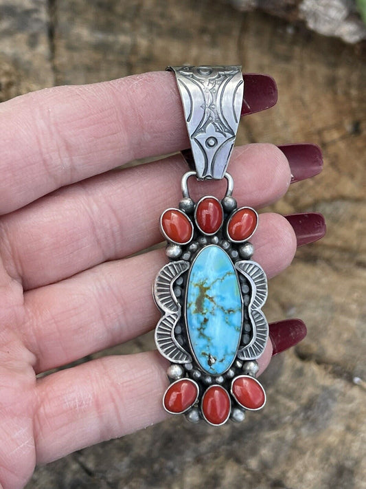 Handcrafted Sterling Kingman Web Turquoise & Red Coral Pendant Taos Collection