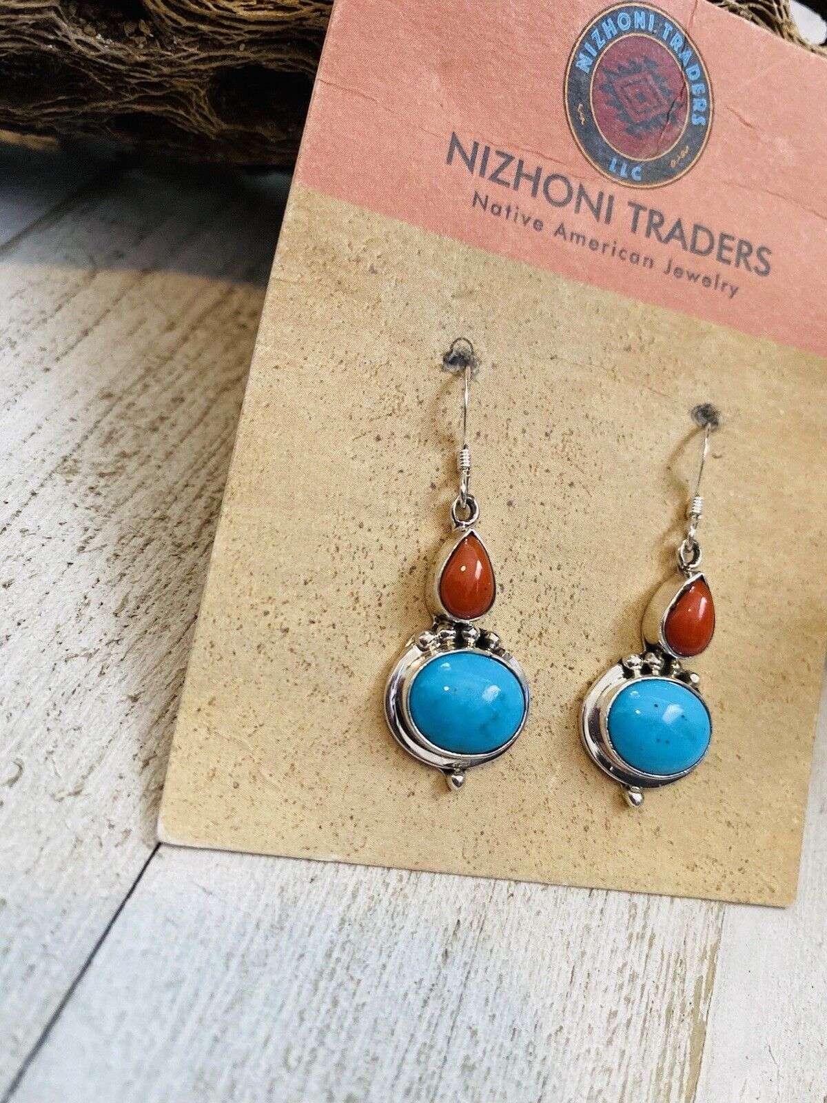 Navajo Turquoise, Coral & Sterling Silver Dangle Earrings