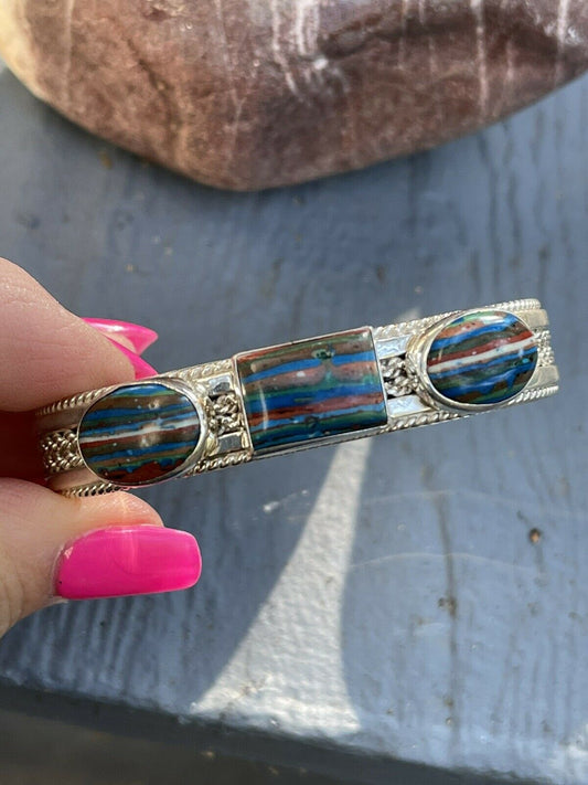 Unique Handcrafted Sterling Silver & Rainbow Stone Elegant Cuff Bracelet