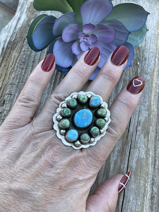 Handcrafted Sterling Sonoran Gold And Golden Hills Turquoise Cluster Ring Size 8.5