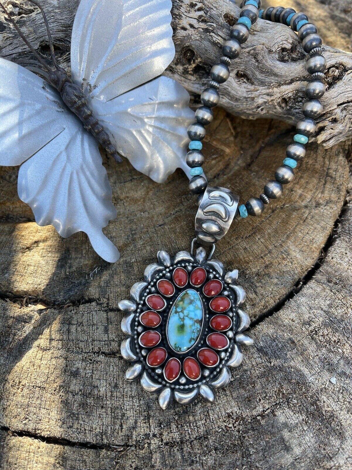 Handcrafted Sterling Kingman Web Turquoise & Red Coral Taos Ornate Pendant D. Clark