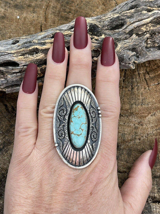 Handcrafted Number 8 Turquoise & Sterling Silver Statement Ring Size 8.5 Signed