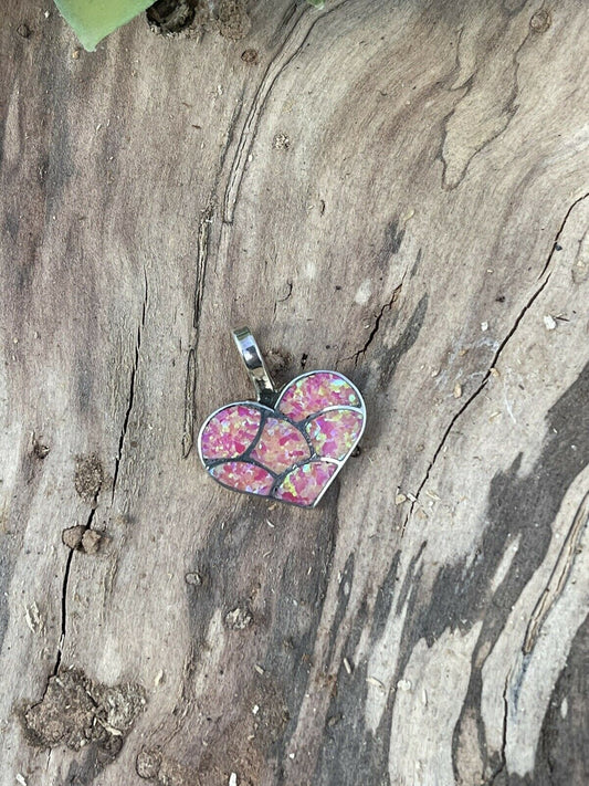 Handcrafted Iridescent Pink Opal & Sterling Silver Heart Pendant
