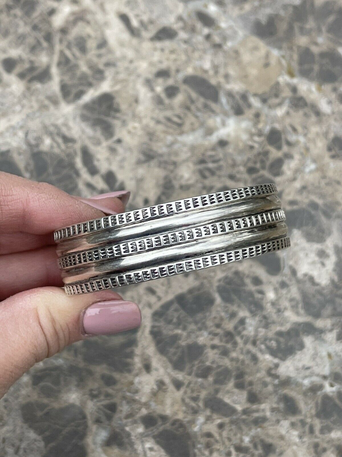Handcrafted Sterling Silver Tribal Style Hand Stamped Bracelet Cuff Signed