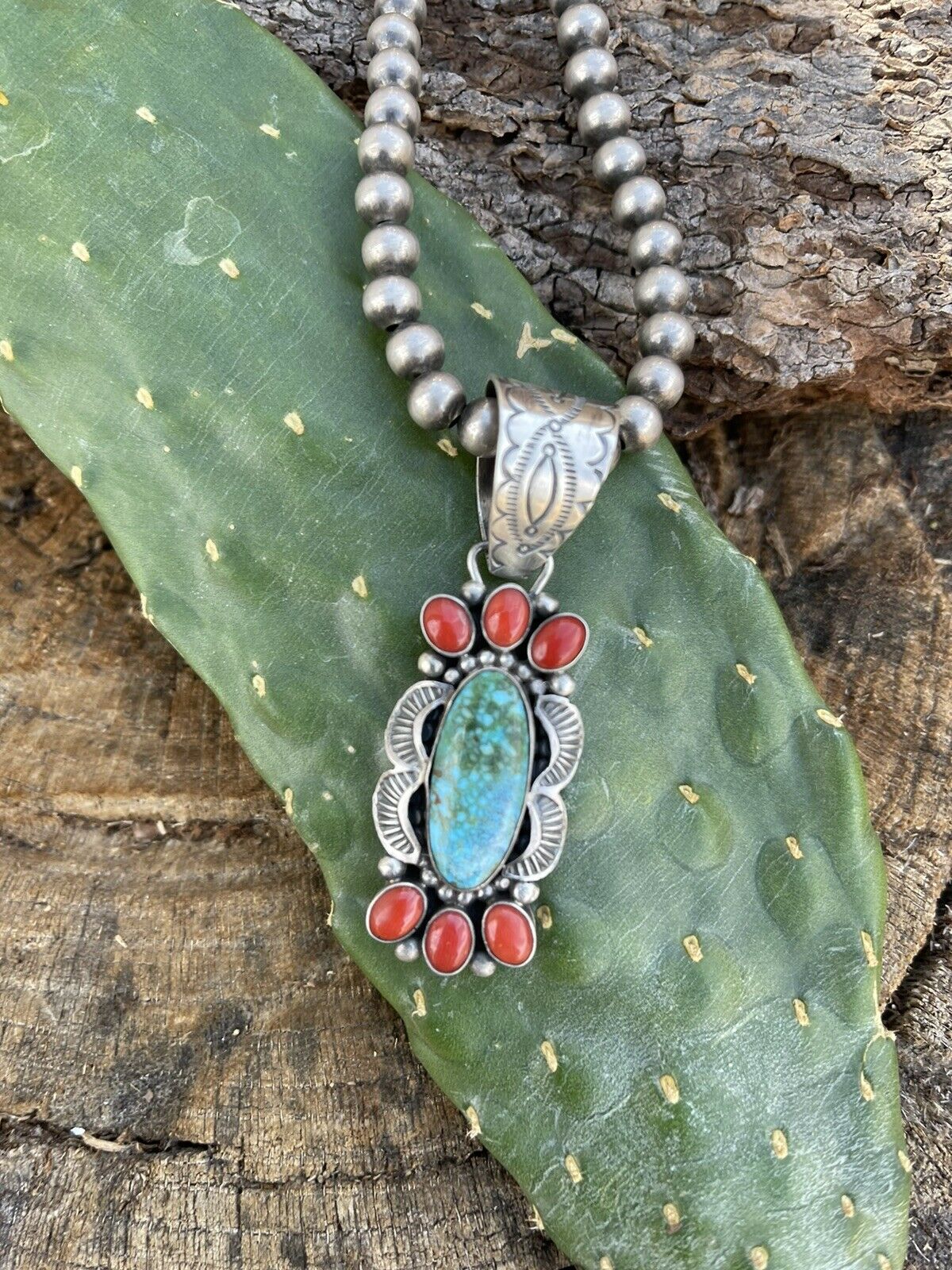 Navajo Sterling Kingman Web Turquoise & Red Coral Pendant Taos Collection