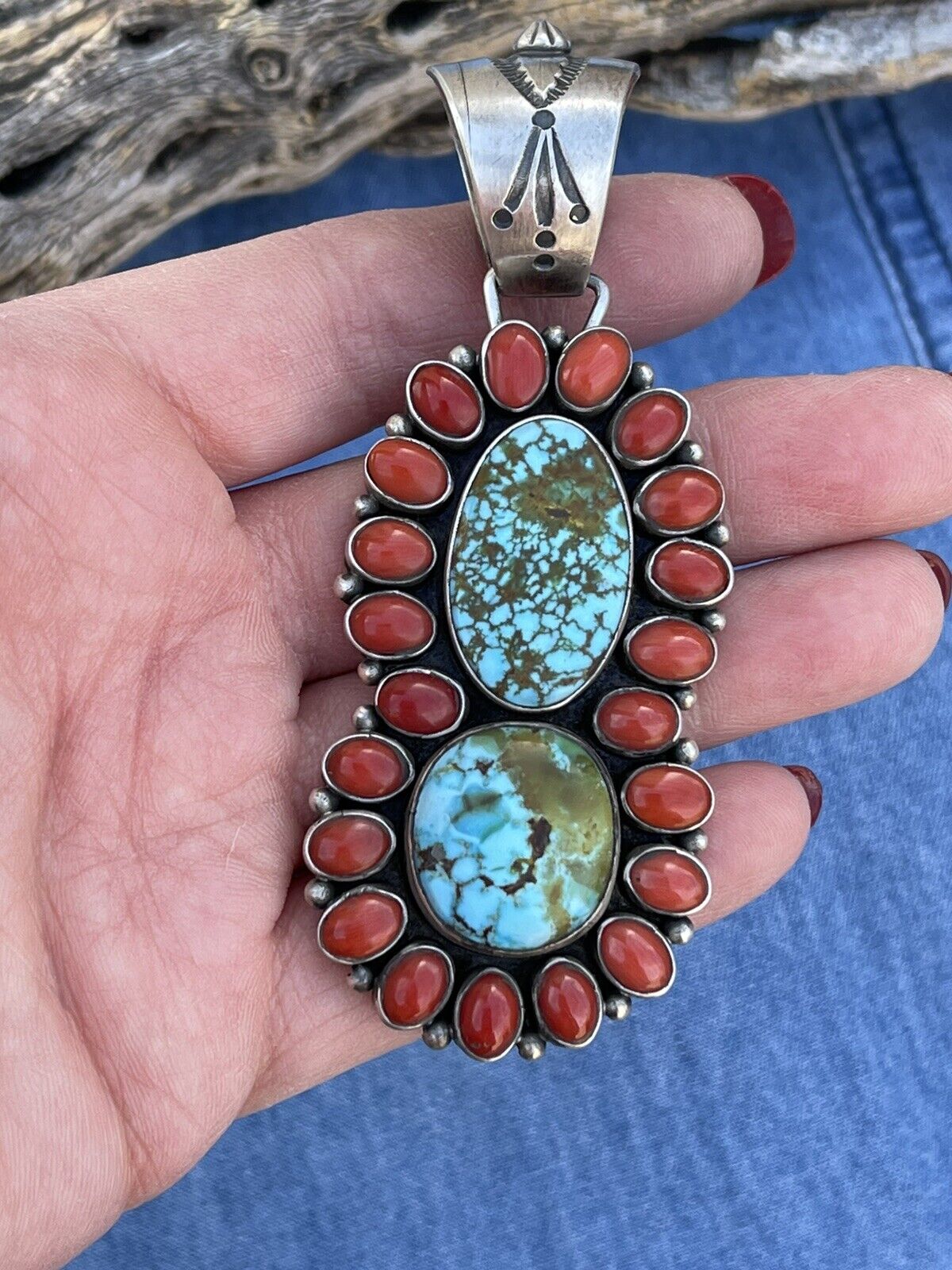 Handcrafted Sterling 2 Stone Kingman Web Turquoise & Red Coral Taos Pendant