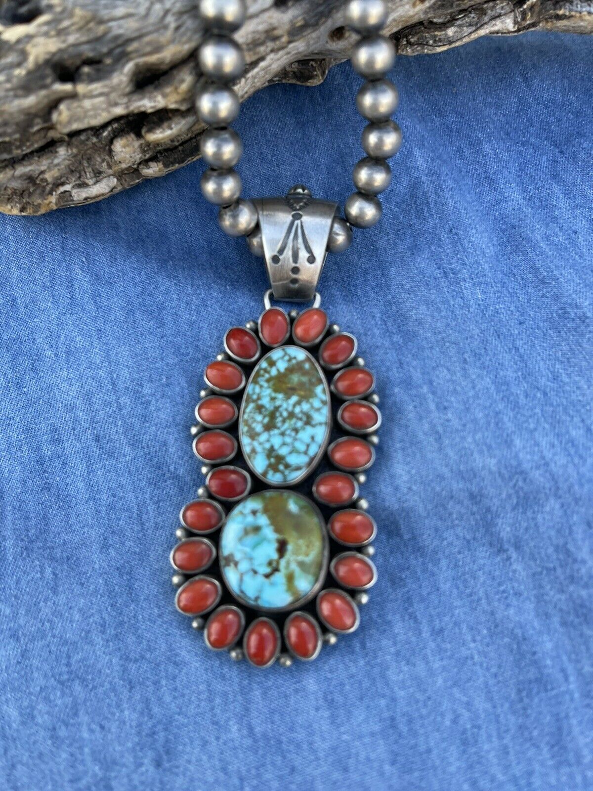 Handcrafted Sterling 2 Stone Kingman Web Turquoise & Red Coral Taos Pendant