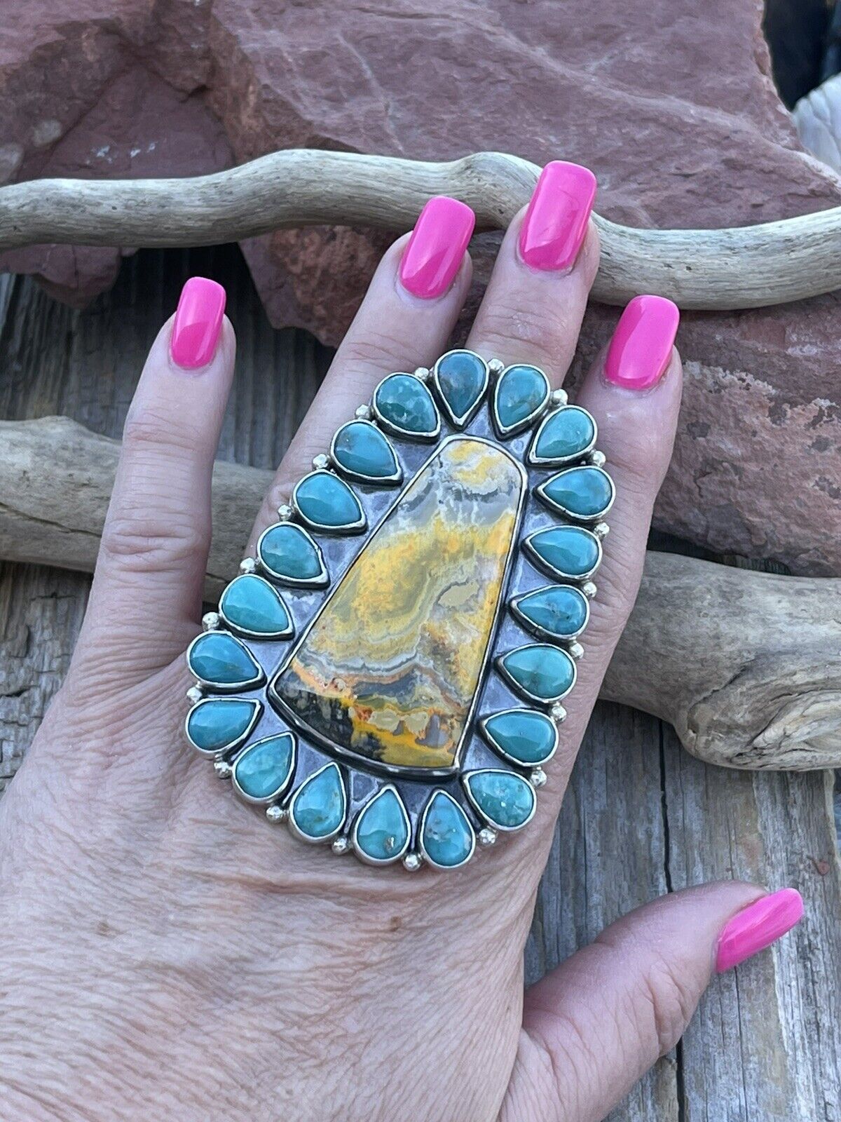 Handcrafted Sterling Bumblebee and Turquoise Stone Ring Sz 8