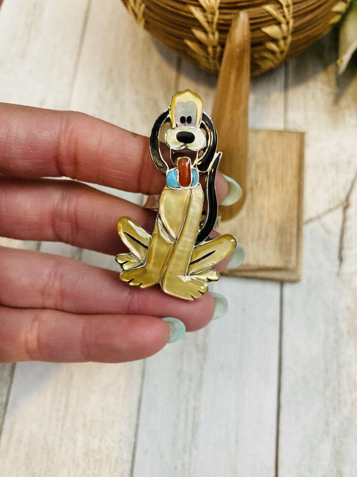 Handcrafted Sterling Silver & Multi Stone Dog Inlay Adjustable Ring by Don Dewa