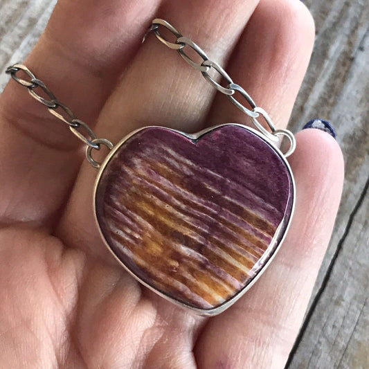 Handcrafted Purple Spiny And Sterling Silver Heart Necklace Signed