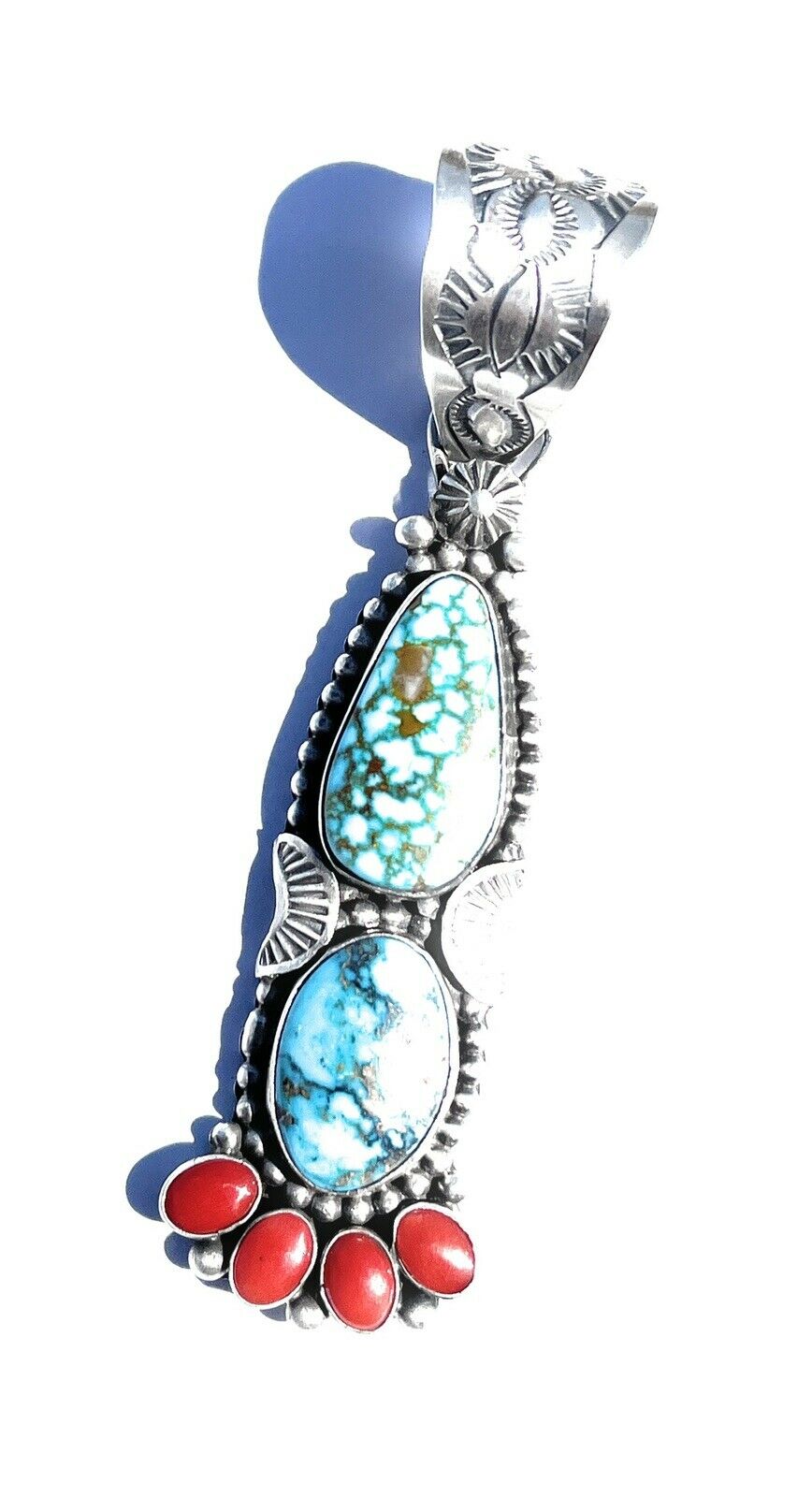 Handcrafted Sterling Kingman Web Turquoise & Red Coral Taos Pendant Danny Clark