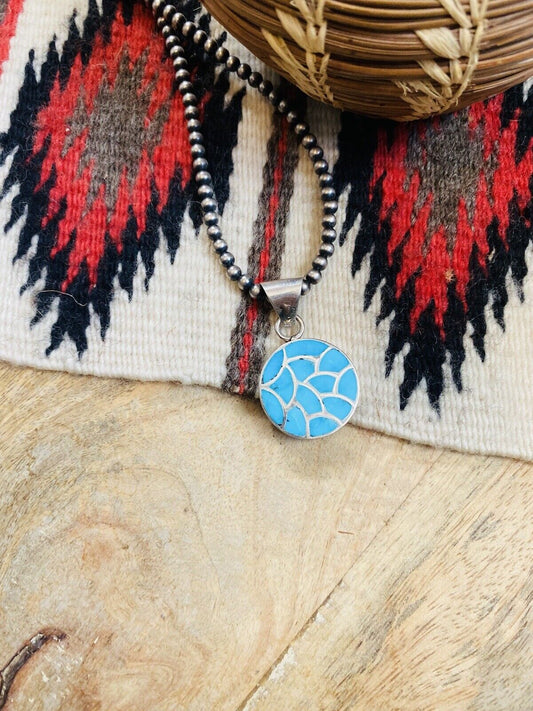 Handcrafted Turquoise & Sterling Silver Inlay Pendant Signed