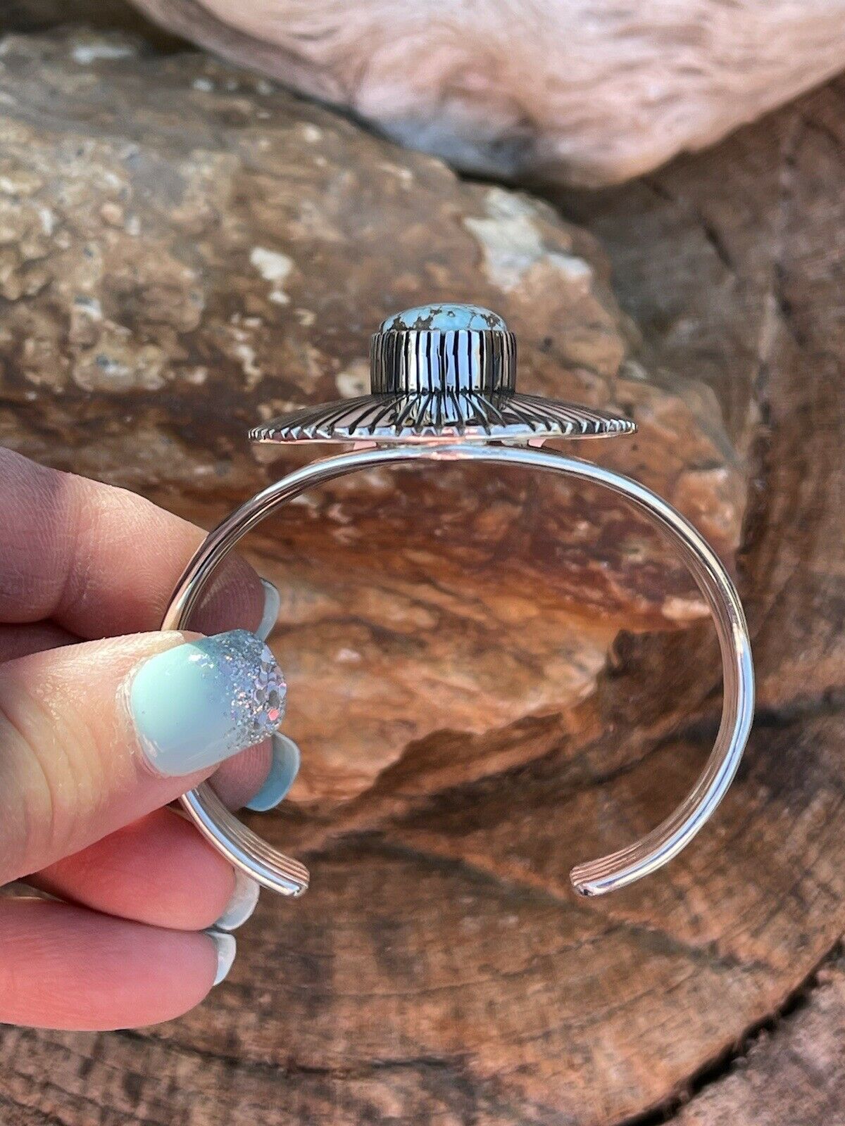 Handcrafted Handmade Sterling Silver & Number 8 Turquoise Signed Lined Cuff Signed