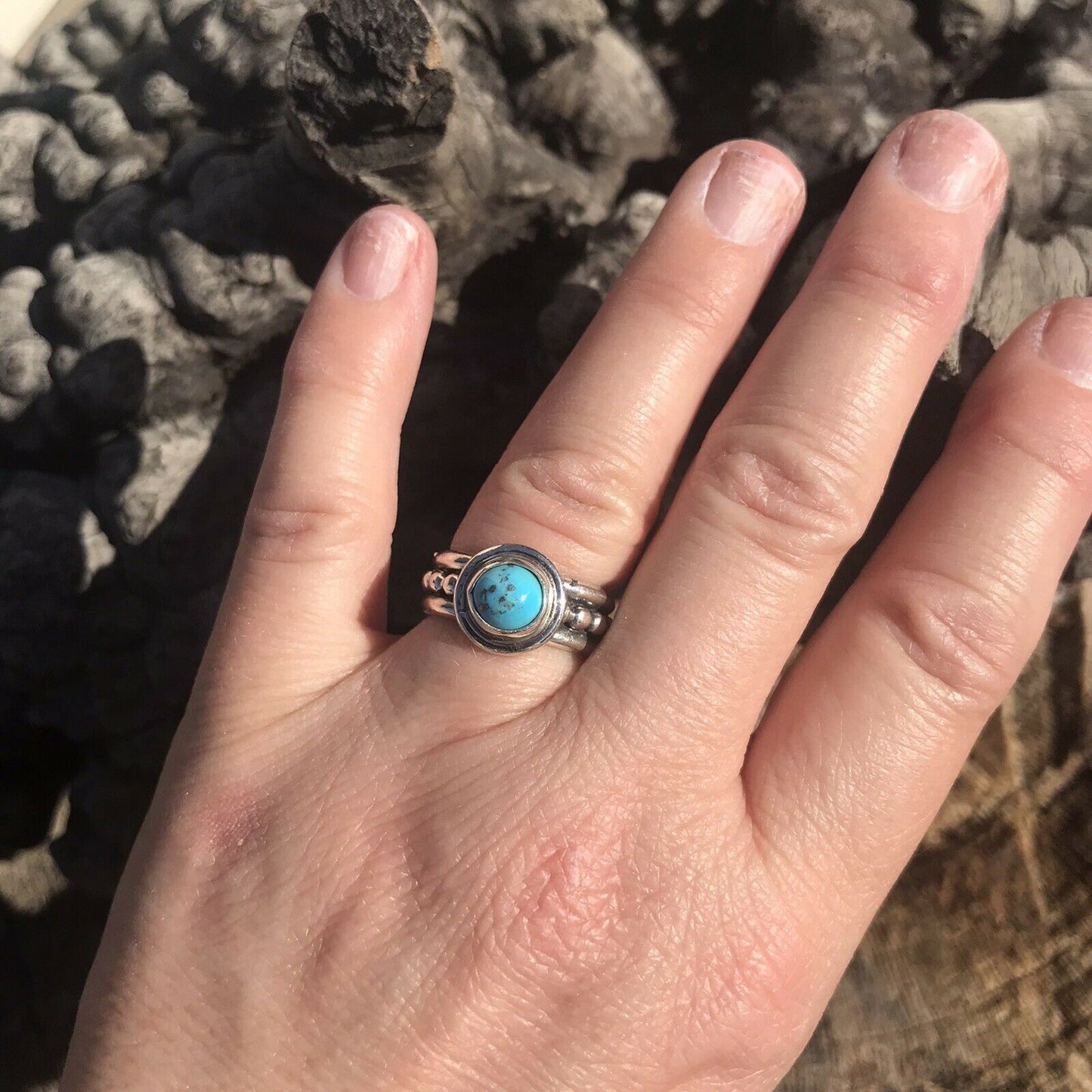 Navajo Kingman Turquoise & Sterling Silver Dotted Band Ring