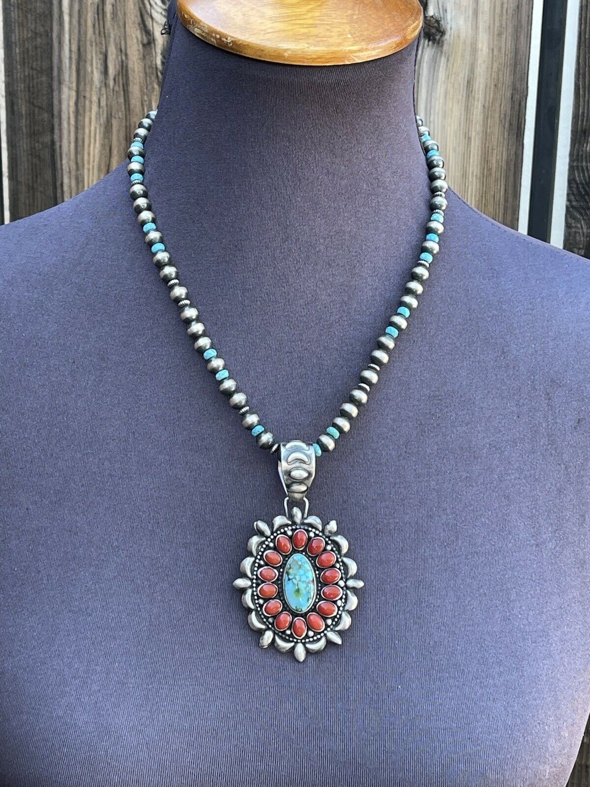 Handcrafted Sterling Kingman Web Turquoise & Red Coral Taos Ornate Pendant D. Clark