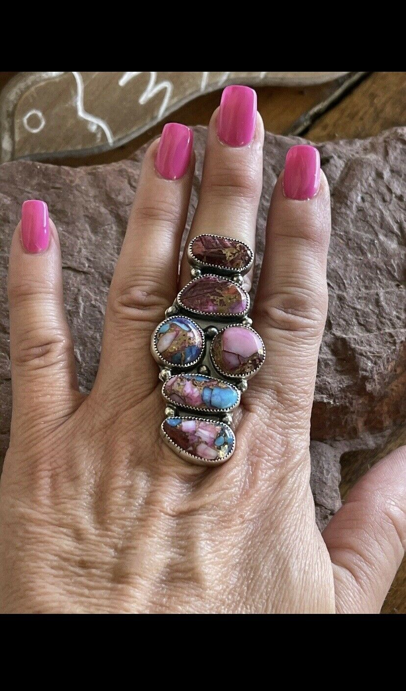 Handcrafted Pink Dream Mohave & Sterling Silver 6 Stone Ring