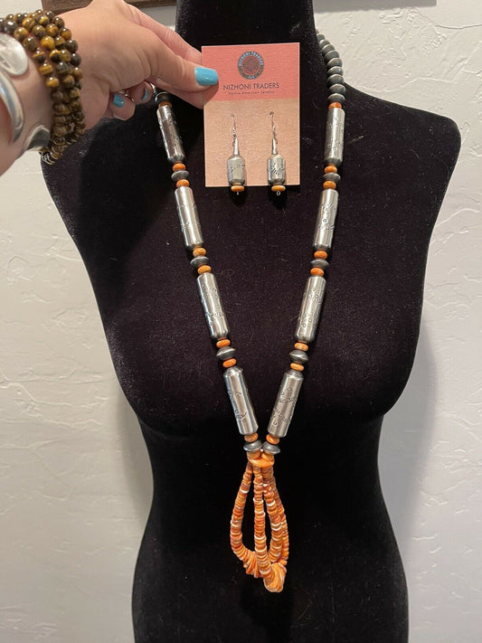 Navajo Sterling Silver Handmade Orange Spiny Jacla Necklace & Earring Set