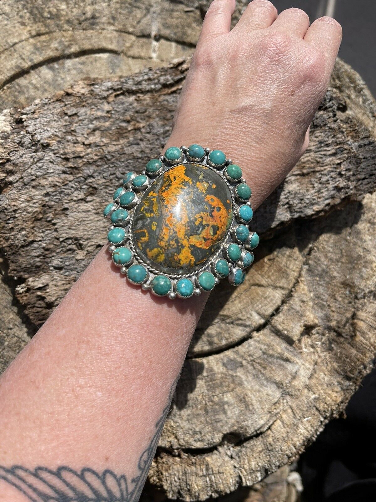Handcrafted Sterling Silver Bumblebee & Turquoise Cluster Cuff Bracelet /