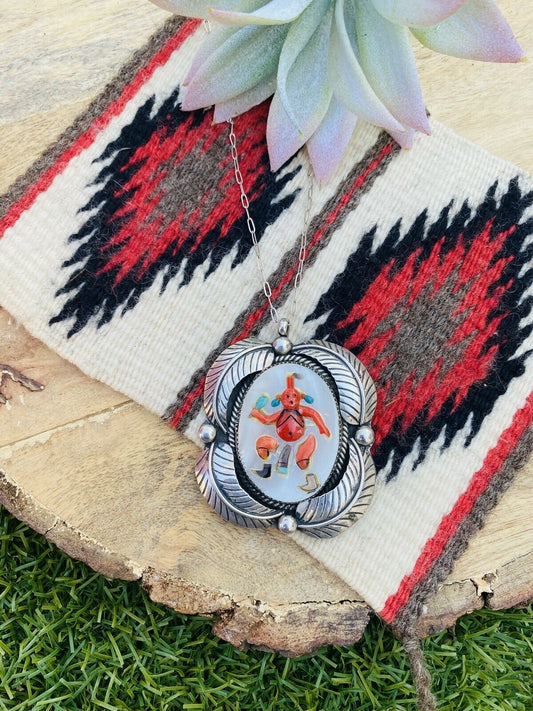 Vintage Handcrafted Multi Stone & Sterling Silver Inlay Mud Head Necklace Signed