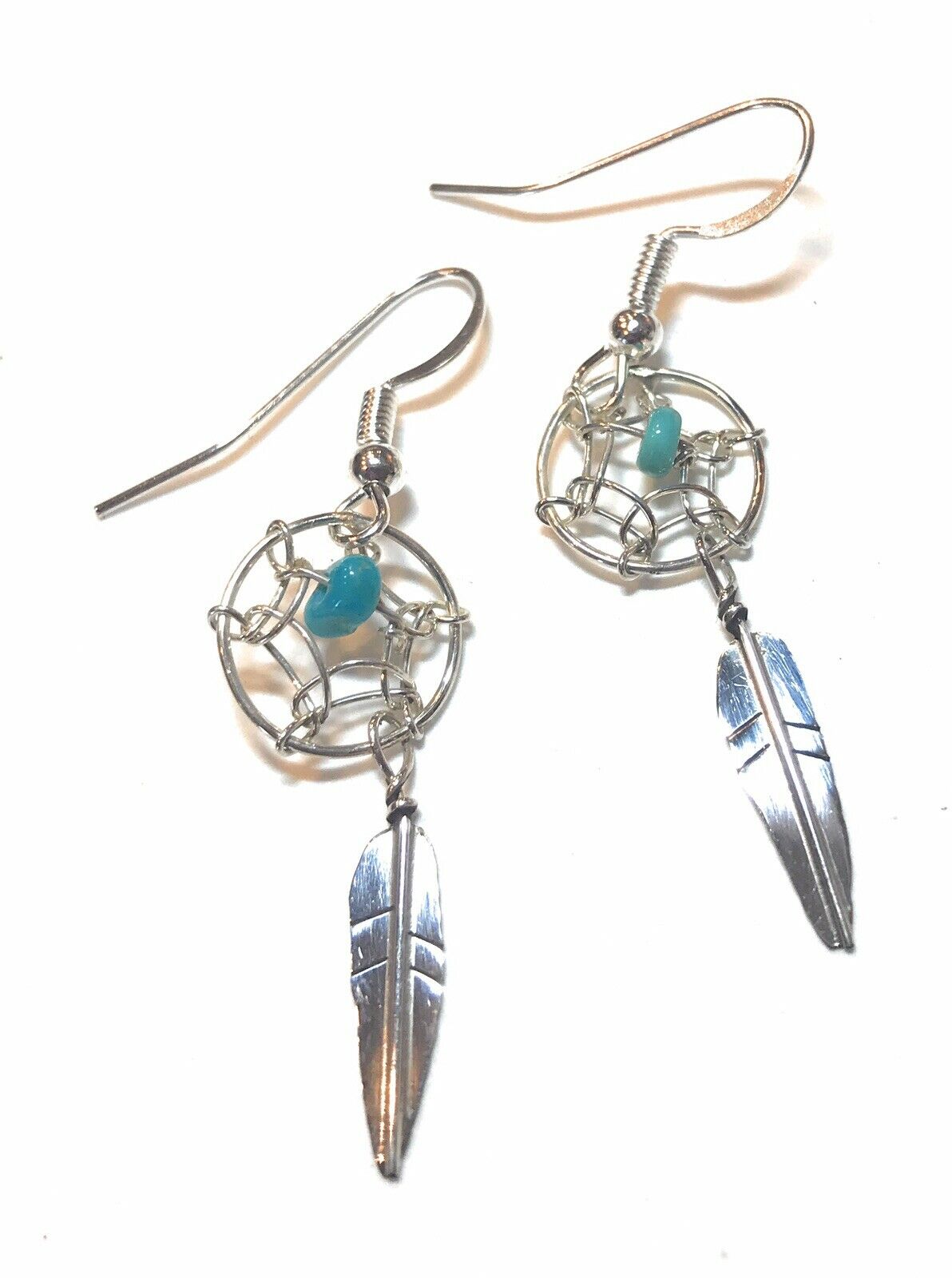 Handcrafted Sterling Silver  Turquoise Dream Catcher, Dangle Earrings