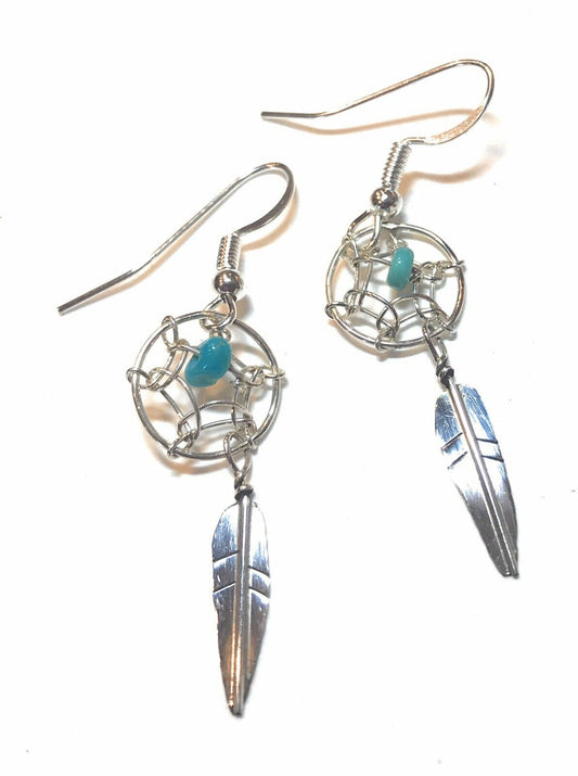 Handcrafted Sterling Silver  Turquoise Dream Catcher, Dangle Earrings