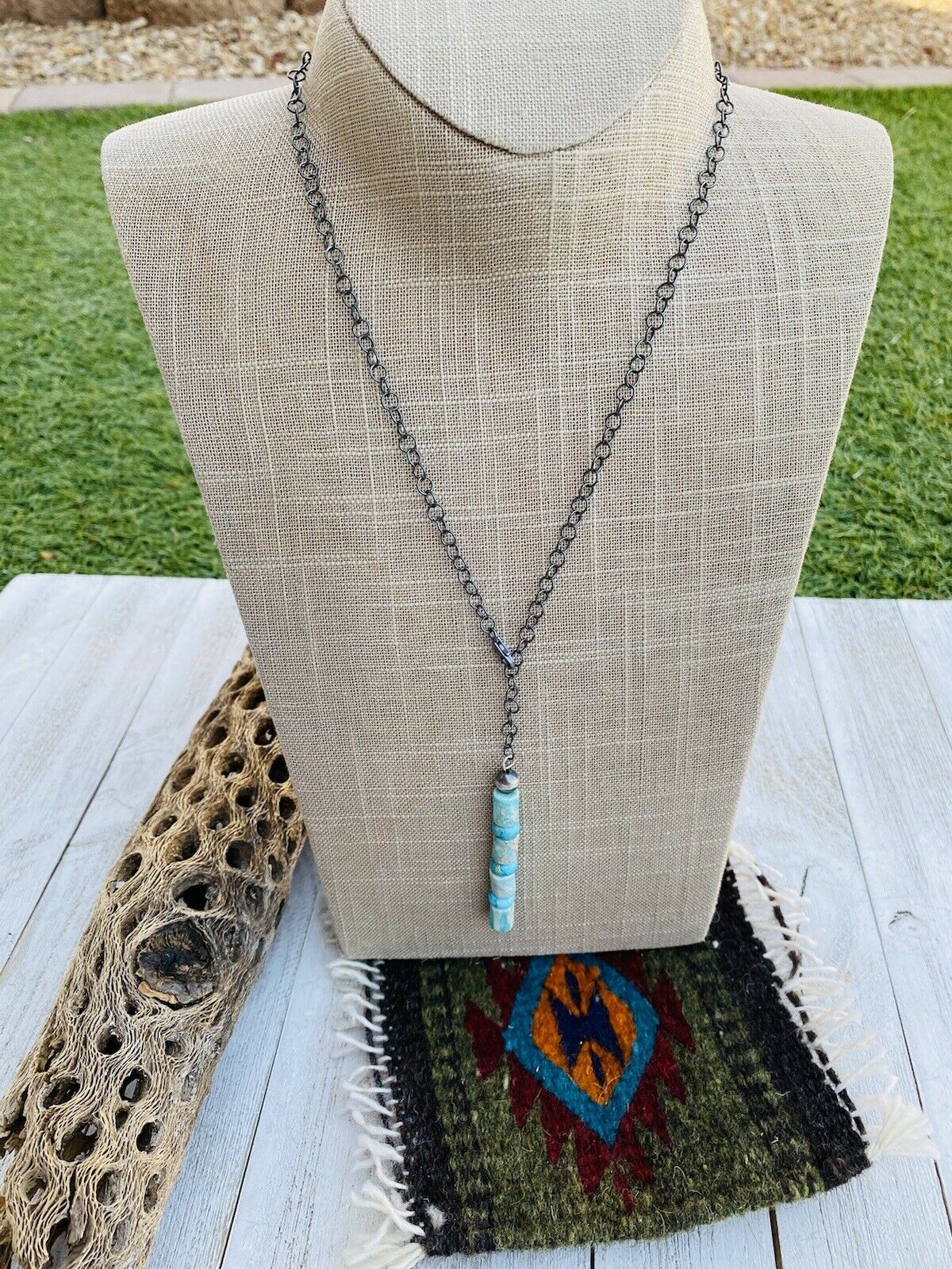 Navajo Turquoise And Sterling Silver Beaded Lariat Necklace