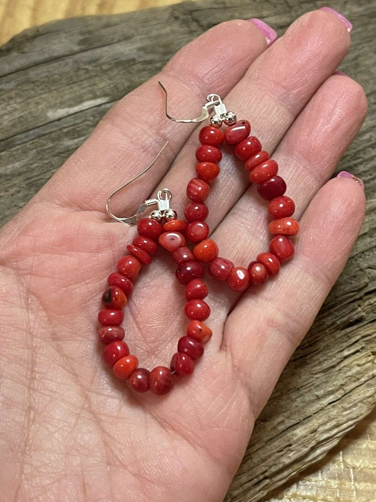 Navajo Sterling Silver Bead Apple Coral Dangle 2 Inch Long Hoop Earrings