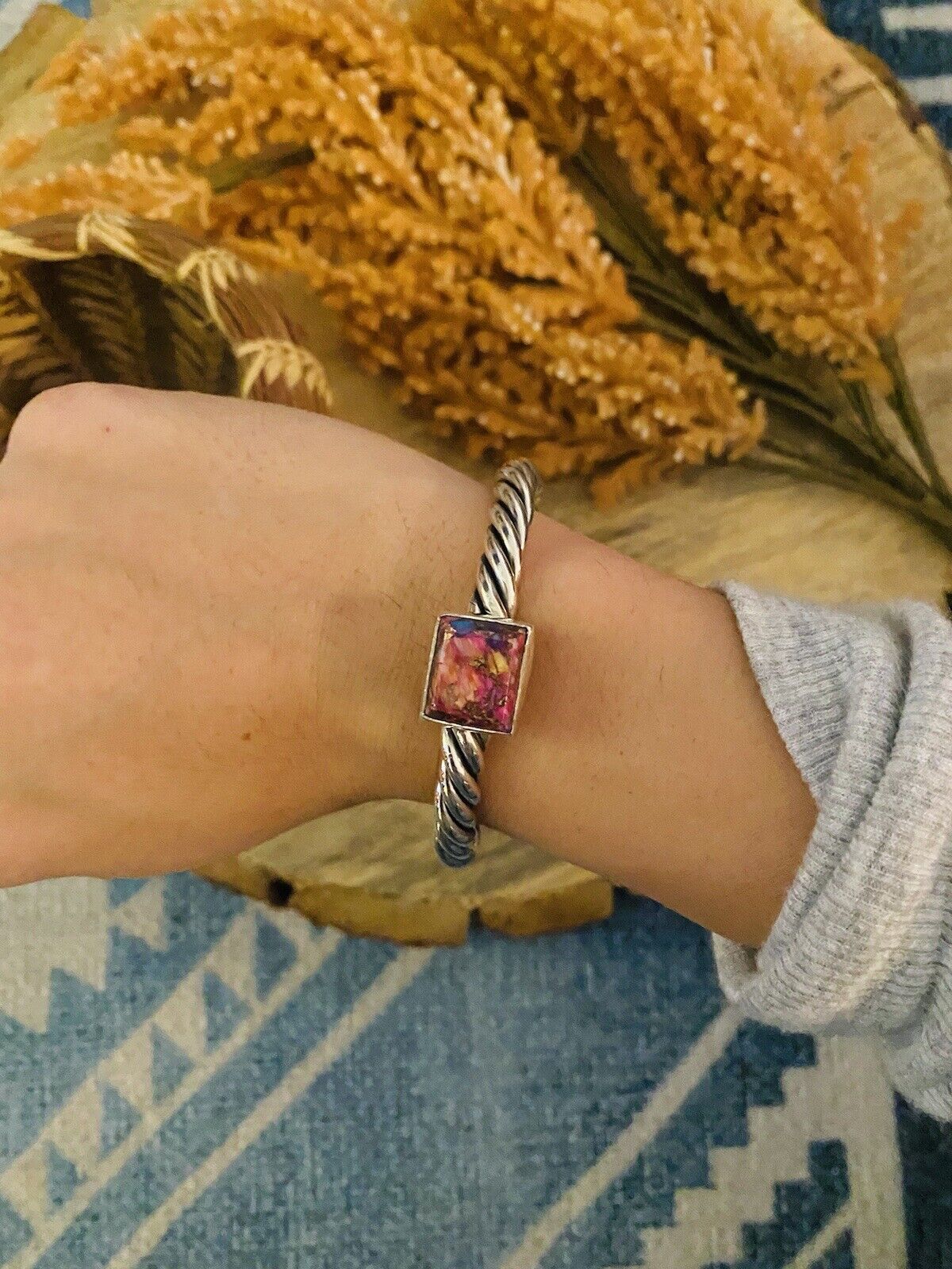 Handcrafted Pink Dream Mohave square & Sterling Silver Square Cuff Bracelet