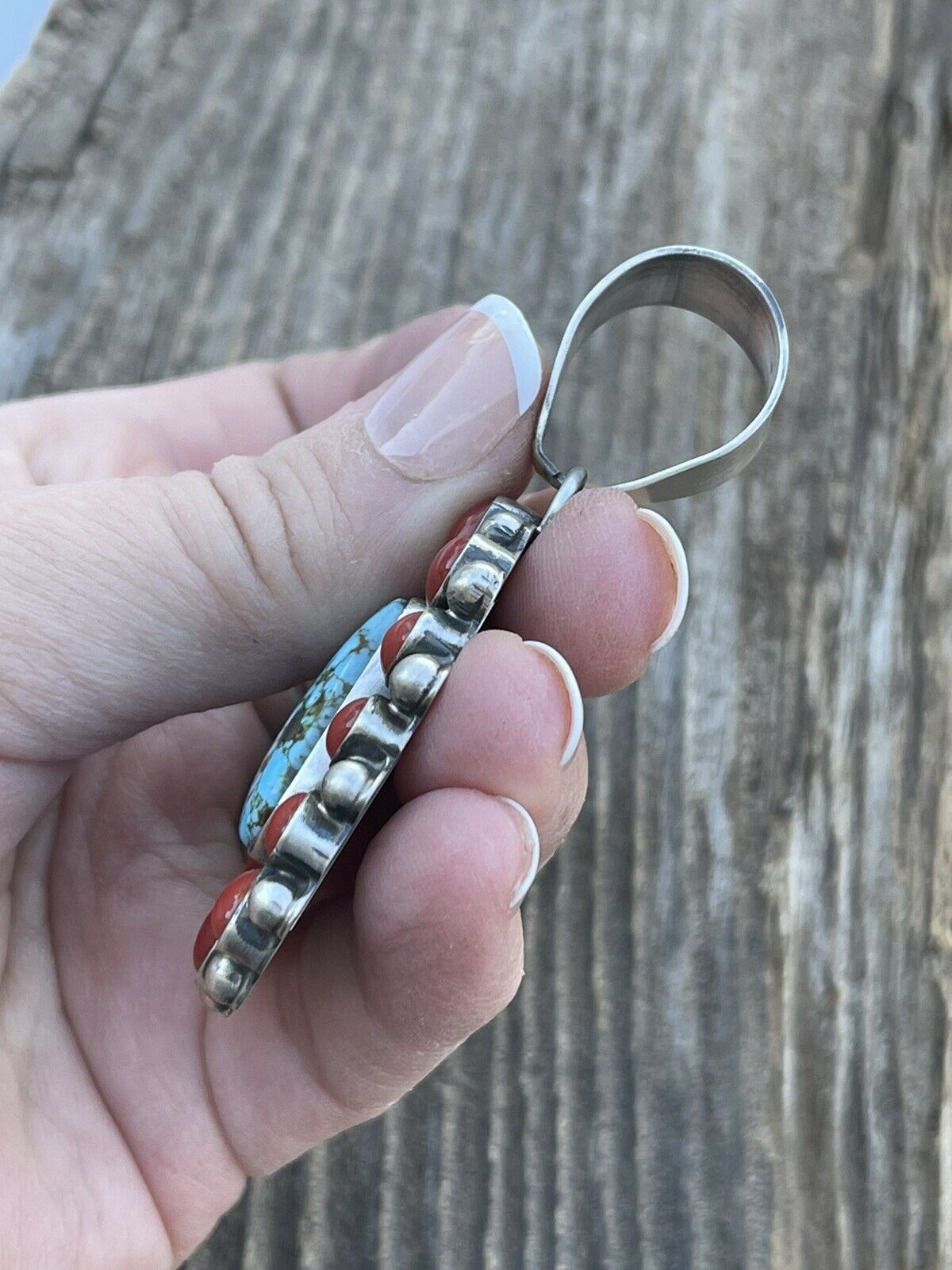 Handcrafted Sterling Kingman Web Turquoise & Red Coral Taos Pendant Kathleen Chavez