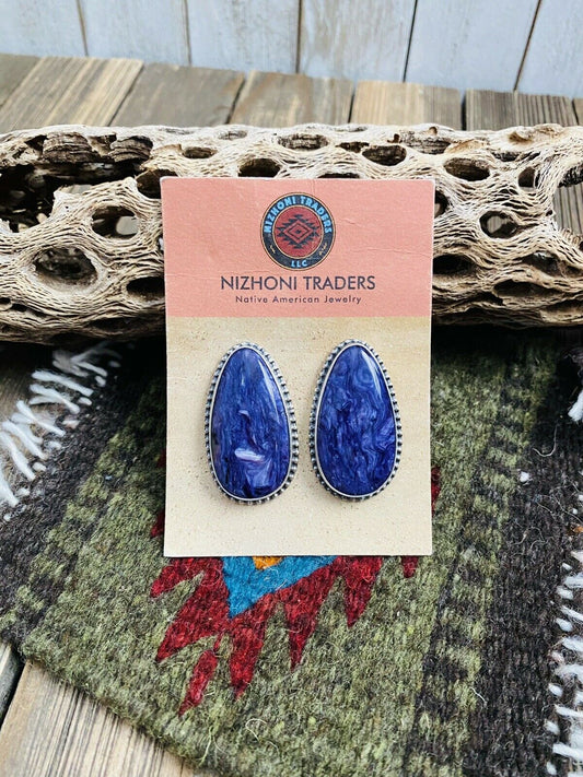 Navajo Charoite And Sterling Silver Post Earrings Signed