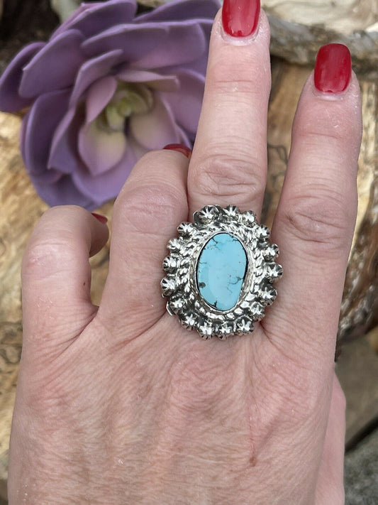 Handcrafted Sterling Carico Lake Turquoise Stone Sunburst Ring Size 8