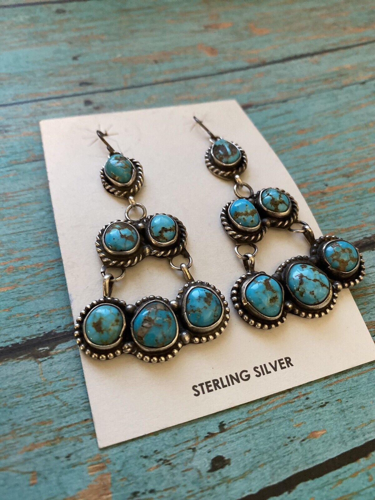 Navajo Sterling Silver & Royston Turquoise Chandelier Dangle Earrings