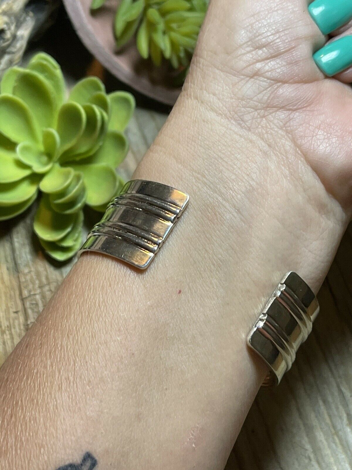 Handcrafted Sterling Silver & Rainbow Stone Signed Cuff Bracelet