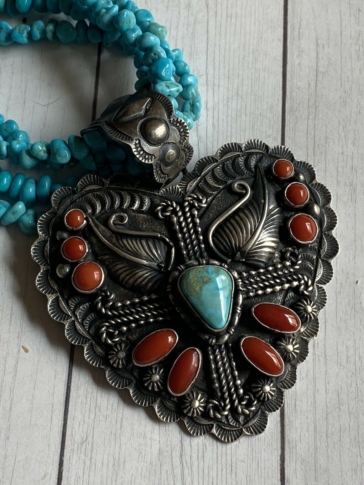 Shawn Cayatenito Sterling Silver Turquoise & Coral Heart Pendant Signed