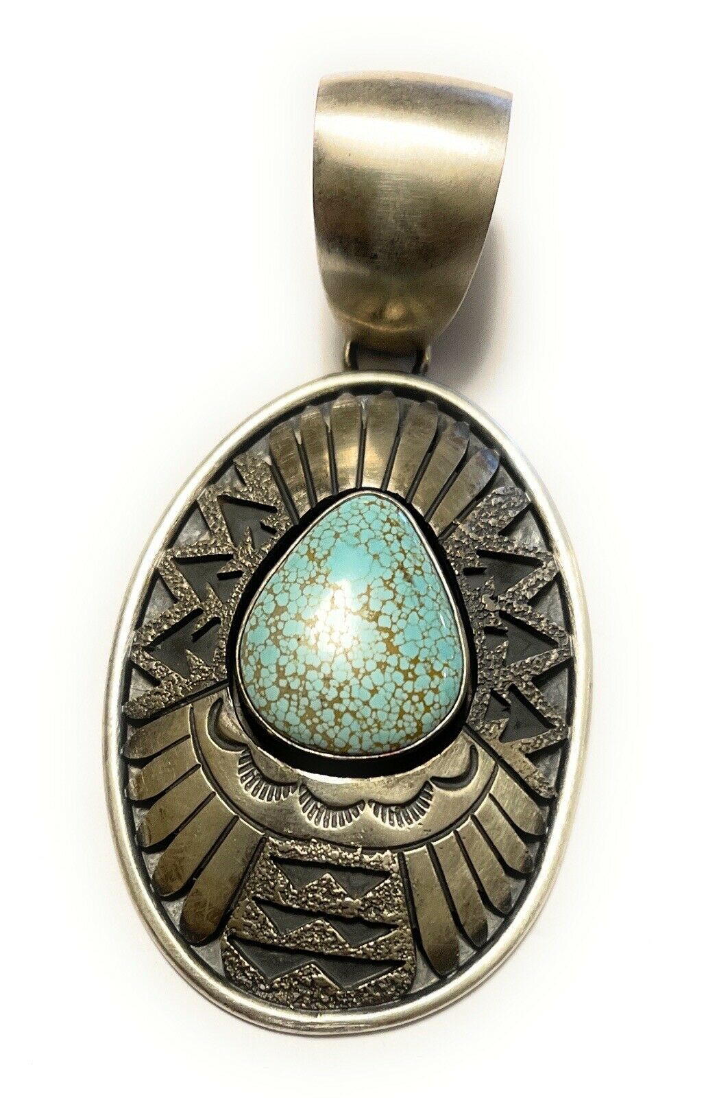 Navajo Dry Creek Turquoise Stone & Sand Cast Sterling Silver Pendant Signed