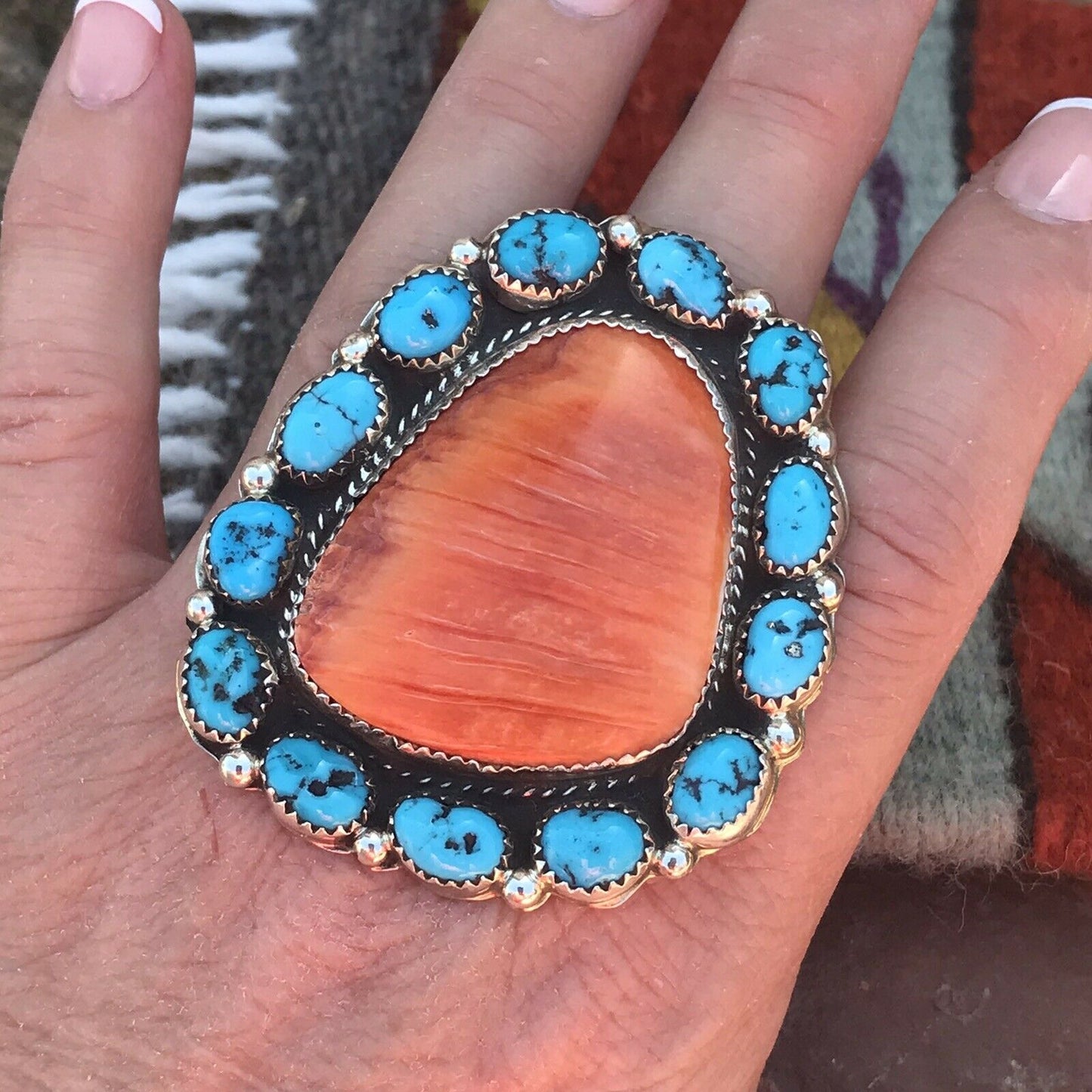 Navajo Cluster Turquoise Spiny Oyster Sterling Silver Ring Sz  8