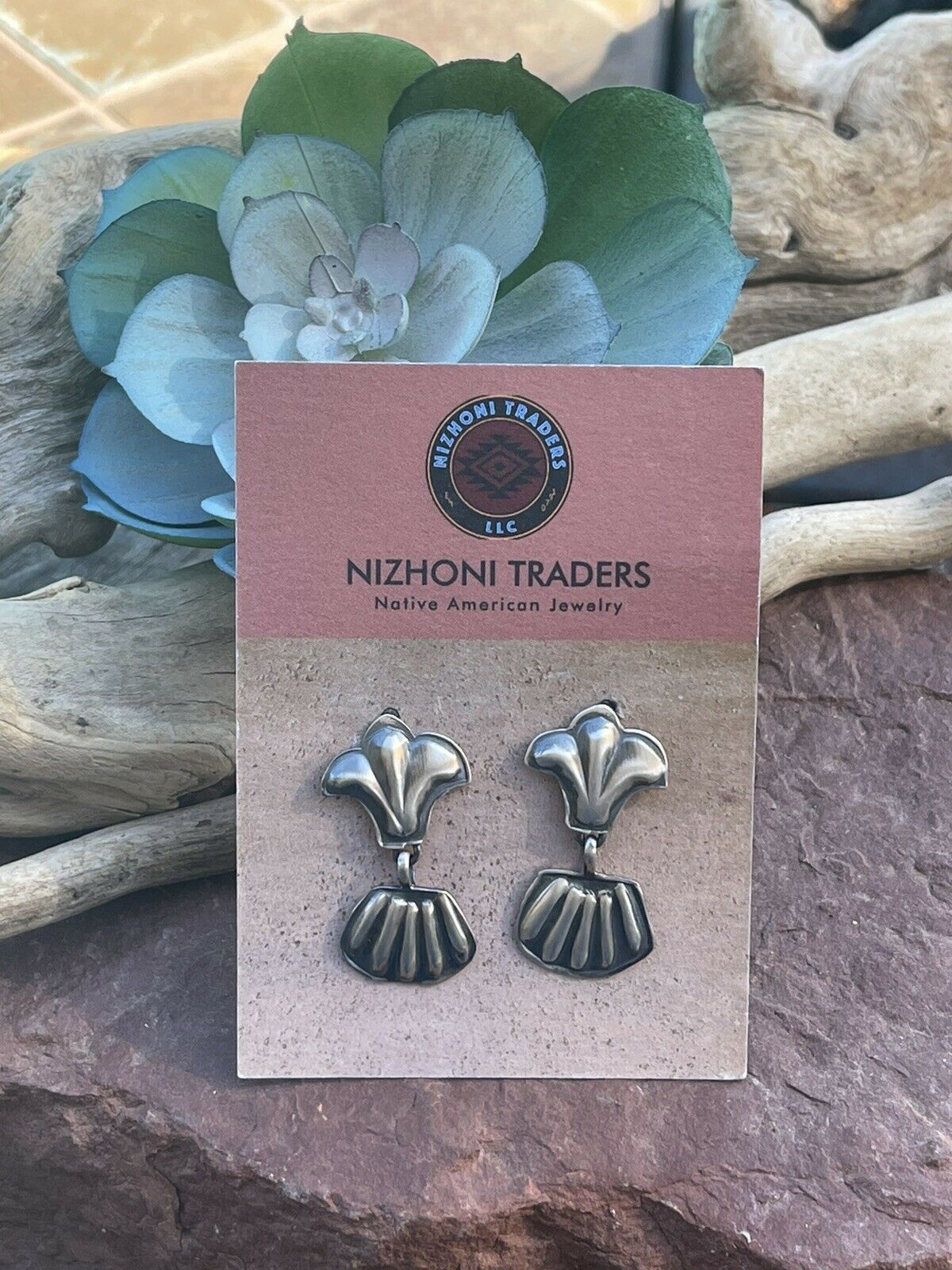 Navajo Sterling Silver Hand Stamped Fleur De Lis Dangle Earrings