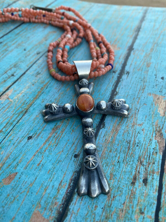 Handcrafted Sterling Silver & Orange Spiny Shell Cross Pendant Chimney Butte