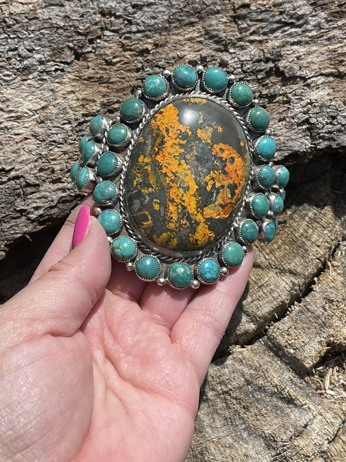 Handcrafted Sterling Silver Bumblebee & Turquoise Cluster Cuff Bracelet /